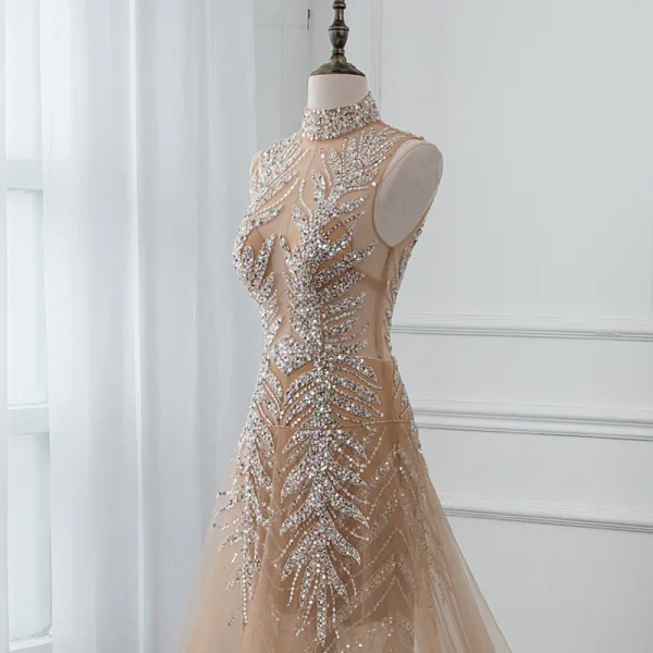 Luxury / Gorgeous Gold See-through Summer Evening Dresses  2019 A-Line / Princess High Neck Sleeveless Sequins Beading Court Train Backless Formal Dresses