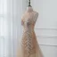 Luxury / Gorgeous Gold See-through Summer Evening Dresses  2019 A-Line / Princess High Neck Sleeveless Sequins Beading Court Train Backless Formal Dresses
