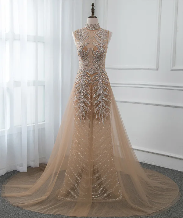 Luxury / Gorgeous Gold See-through Summer Evening Dresses  2019 A-Line / Princess High Neck Sleeveless Sequins Beading Court Train Backless Formal Dresses