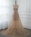 Luxury / Gorgeous Gold See-through Summer Evening Dresses  2019 A-Line / Princess High Neck Sleeveless Sequins Beading Court Train Backless Formal Dresses