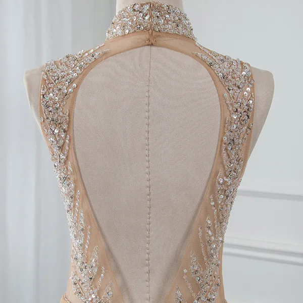 Luxury / Gorgeous Gold See-through Summer Evening Dresses  2019 A-Line / Princess High Neck Sleeveless Sequins Beading Court Train Backless Formal Dresses