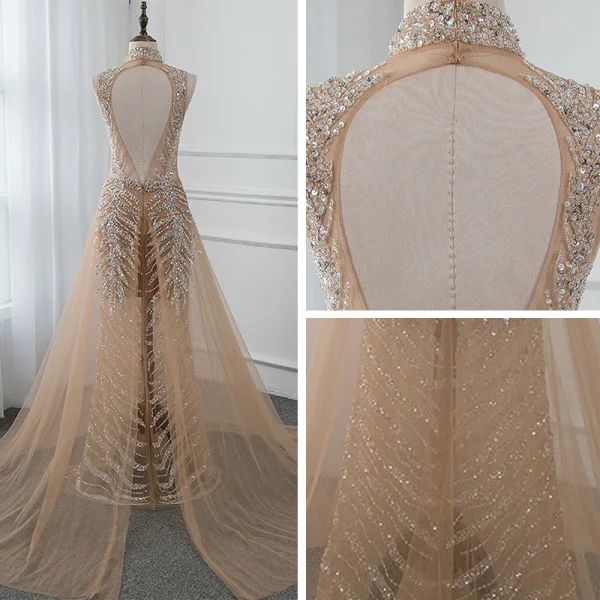 Luxury / Gorgeous Gold See-through Summer Evening Dresses  2019 A-Line / Princess High Neck Sleeveless Sequins Beading Court Train Backless Formal Dresses