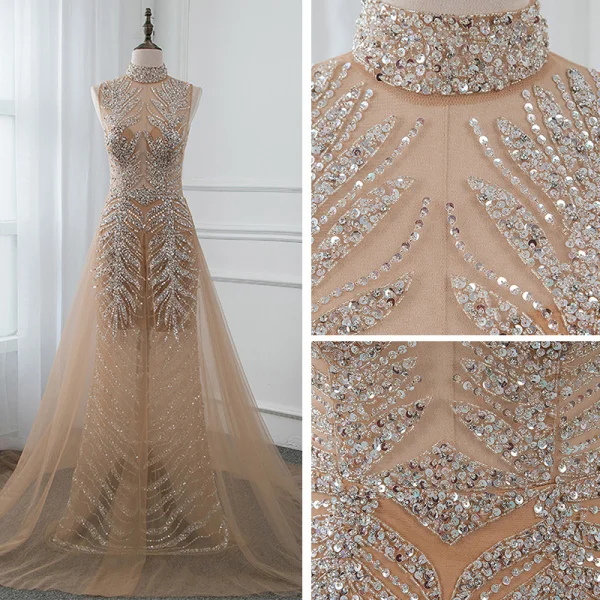 Luxury / Gorgeous Gold See-through Summer Evening Dresses  2019 A-Line / Princess High Neck Sleeveless Sequins Beading Court Train Backless Formal Dresses