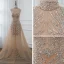 Luxury / Gorgeous Gold See-through Summer Evening Dresses  2019 A-Line / Princess High Neck Sleeveless Sequins Beading Court Train Backless Formal Dresses