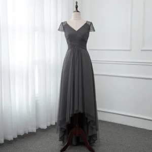 Chic Belle Gris Robe De Soirée 2019 Princesse V Cou Mancherons Perlage Asymétrique Volants Dos Nu Robe De Ceremonie