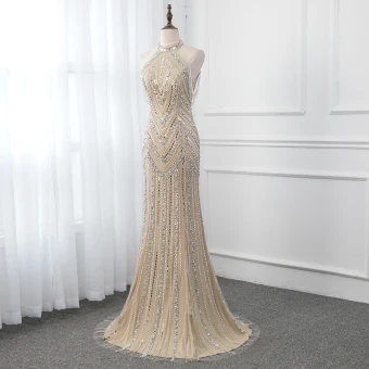 Haut De Gamme Champagne Robe De Soirée 2019 Trompette Sirène Col Haut Sans Manches Fait Main Perlage Paillettes Train De Balayage Robe De Ceremonie