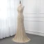 Haut de Gamme Champagne Robe De Soirée 2019 Trompette / Sirène Col Haut Sans Manches Fait main Perlage Paillettes Train De Balayage Robe De Ceremonie