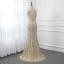 Haut de Gamme Champagne Robe De Soirée 2019 Trompette / Sirène Col Haut Sans Manches Fait main Perlage Paillettes Train De Balayage Robe De Ceremonie
