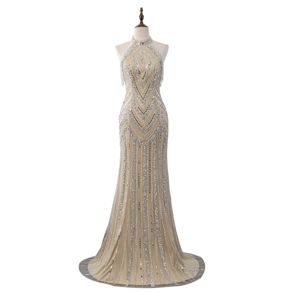 Haut de Gamme Champagne Robe De Soirée 2019 Trompette / Sirène Col Haut Sans Manches Fait main Perlage Paillettes Train De Balayage Robe De Ceremonie