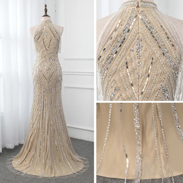 Haut de Gamme Champagne Robe De Soirée 2019 Trompette / Sirène Col Haut Sans Manches Fait main Perlage Paillettes Train De Balayage Robe De Ceremonie