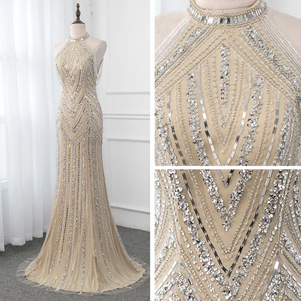 Haut de Gamme Champagne Robe De Soirée 2019 Trompette / Sirène Col Haut Sans Manches Fait main Perlage Paillettes Train De Balayage Robe De Ceremonie