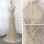 Haut de Gamme Champagne Robe De Soirée 2019 Trompette / Sirène Col Haut Sans Manches Fait main Perlage Paillettes Train De Balayage Robe De Ceremonie