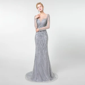 High End Grey See Through Evening Dresses 2019 Trumpet Mermaid Scoop Neck Long Sleeve Handmade Beading Sweep Train Formal Dresses
