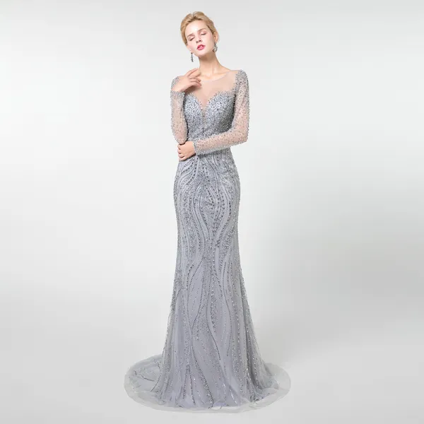 High-end Grey See-through Evening Dresses  2019 Trumpet / Mermaid Scoop Neck Long Sleeve Handmade  Beading Sweep Train Formal Dresses