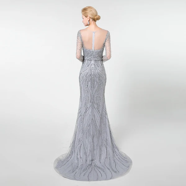 Haut de Gamme Gris Transparentes Robe De Soirée 2019 Trompette / Sirène Encolure Dégagée Manches Longues Fait main Perlage Train De Balayage Robe De Ceremonie