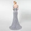 High-end Grey See-through Evening Dresses  2019 Trumpet / Mermaid Scoop Neck Long Sleeve Handmade  Beading Sweep Train Formal Dresses
