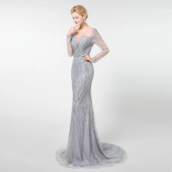Haut de Gamme Gris Transparentes Robe De Soirée 2019 Trompette / Sirène Encolure Dégagée Manches Longues Fait main Perlage Train De Balayage Robe De Ceremonie