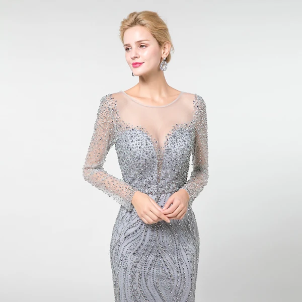 Haut de Gamme Gris Transparentes Robe De Soirée 2019 Trompette / Sirène Encolure Dégagée Manches Longues Fait main Perlage Train De Balayage Robe De Ceremonie