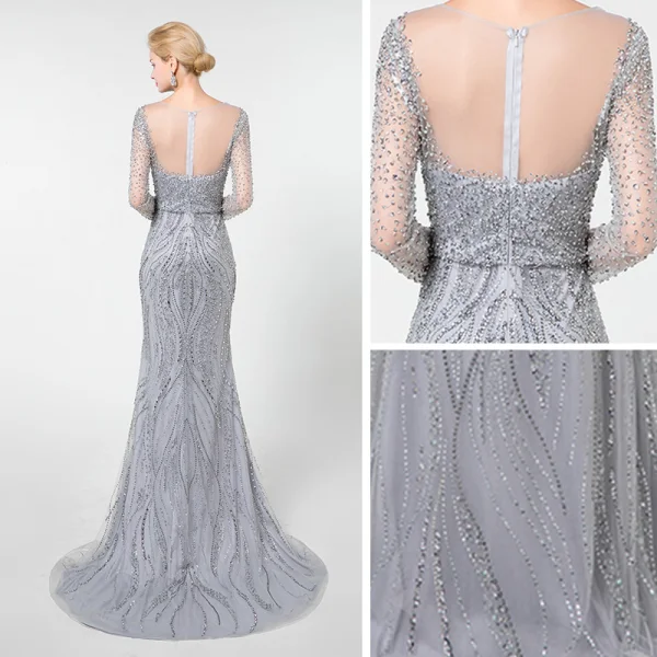 Haut de Gamme Gris Transparentes Robe De Soirée 2019 Trompette / Sirène Encolure Dégagée Manches Longues Fait main Perlage Train De Balayage Robe De Ceremonie