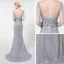 Haut de Gamme Gris Transparentes Robe De Soirée 2019 Trompette / Sirène Encolure Dégagée Manches Longues Fait main Perlage Train De Balayage Robe De Ceremonie