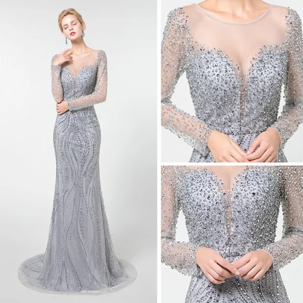Haut de Gamme Gris Transparentes Robe De Soirée 2019 Trompette / Sirène Encolure Dégagée Manches Longues Fait main Perlage Train De Balayage Robe De Ceremonie