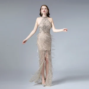 Haut De Gamme Champagne Été Robe De Soirée 2019 Trompette Sirène Col Haut Sans Manches Paillettes Perlage Gland Fendue Devant Train De Balayage Dos Nu Robe De Ceremonie