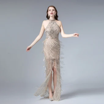 Haut De Gamme Champagne Été Robe De Soirée 2019 Trompette Sirène Col Haut Sans Manches Paillettes Perlage Gland Fendue Devant Train De Balayage Dos Nu Robe De Ceremonie