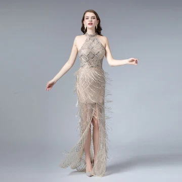 Haut De Gamme Champagne Été Robe De Soirée 2019 Trompette Sirène Col Haut Sans Manches Paillettes Perlage Gland Fendue Devant Train De Balayage Dos Nu Robe De Ceremonie