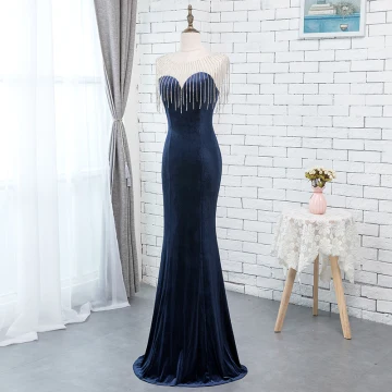 Chic Beautiful Royal Blue Velour Evening Dresses 2019 Trumpet Mermaid See Through Scoop Neck Sleeveless Beading Tassel Floor Length Long Ruffle Formal Dresses