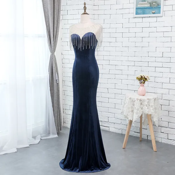 Chic / Beautiful Royal Blue Velour Evening Dresses  2019 Trumpet / Mermaid See-through Scoop Neck Sleeveless Beading Tassel Floor-Length / Long Ruffle Formal Dresses