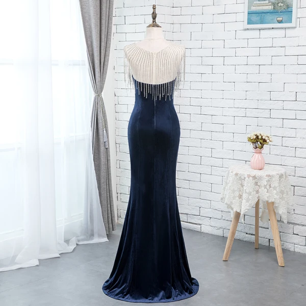 Chic / Beautiful Royal Blue Velour Evening Dresses 2019 Trumpet / Mermaid See-through Scoop Neck Sleeveless Beading Tassel Floor-Length / Long Ruffle Formal Dresses