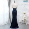 Chic / Beautiful Royal Blue Velour Evening Dresses  2019 Trumpet / Mermaid See-through Scoop Neck Sleeveless Beading Tassel Floor-Length / Long Ruffle Formal Dresses