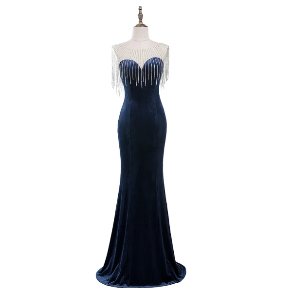 Chic / Beautiful Royal Blue Velour Evening Dresses 2019 Trumpet / Mermaid See-through Scoop Neck Sleeveless Beading Tassel Floor-Length / Long Ruffle Formal Dresses