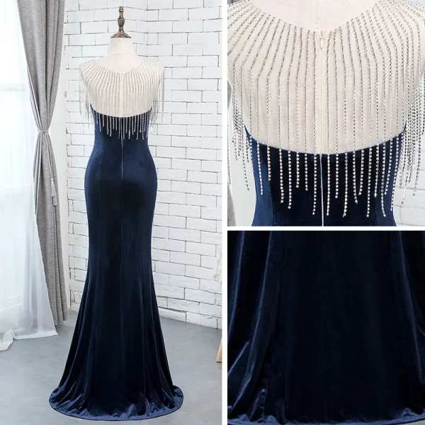 Chic / Beautiful Royal Blue Velour Evening Dresses 2019 Trumpet / Mermaid See-through Scoop Neck Sleeveless Beading Tassel Floor-Length / Long Ruffle Formal Dresses