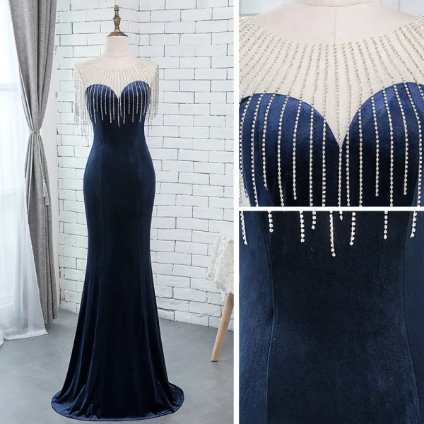 Chic / Beautiful Royal Blue Velour Evening Dresses 2019 Trumpet / Mermaid See-through Scoop Neck Sleeveless Beading Tassel Floor-Length / Long Ruffle Formal Dresses