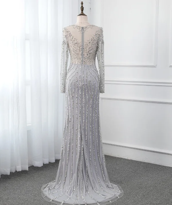 Haut de Gamme Gris Transparentes Robe De Soirée 2019 Trompette / Sirène Encolure Dégagée Manches Longues Paillettes Perlage Train De Balayage Robe De Ceremonie
