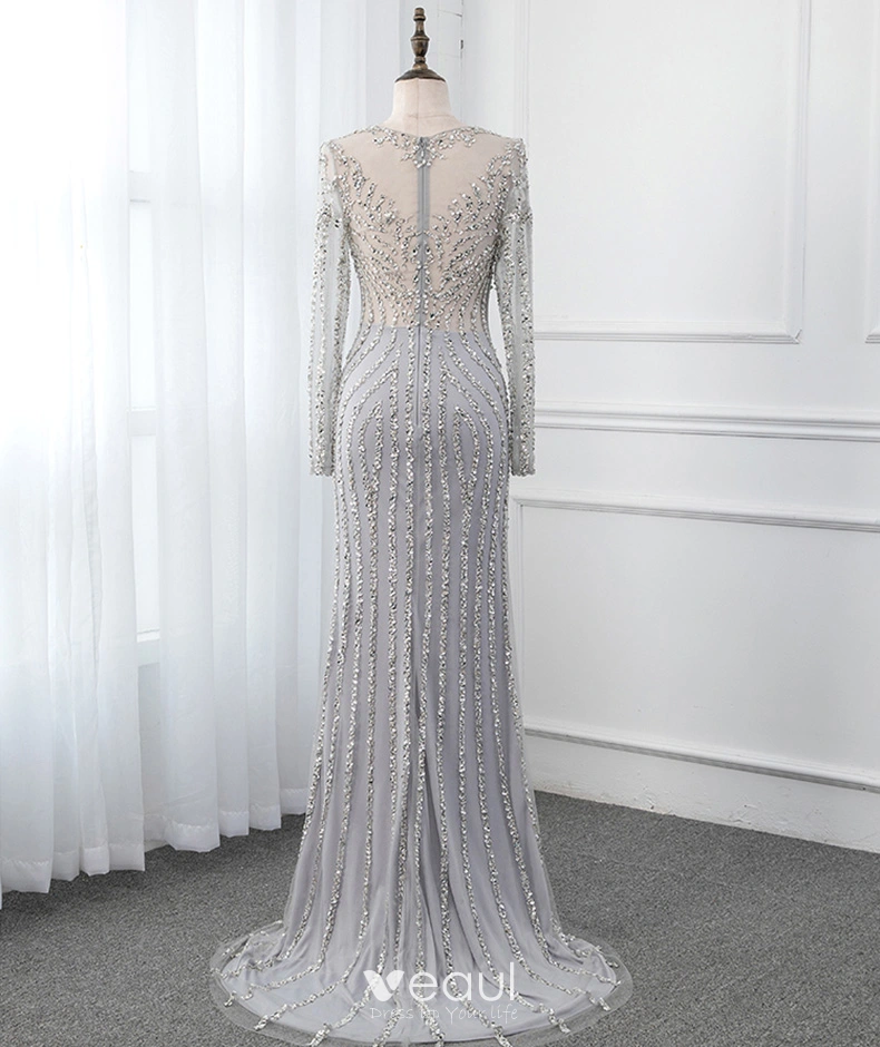 gray sequin evening dresses 2019 Sparkly A Line Scoop Open Back Grey Beaded Long Prom Dress PG732 US4 / Champagne main image 0