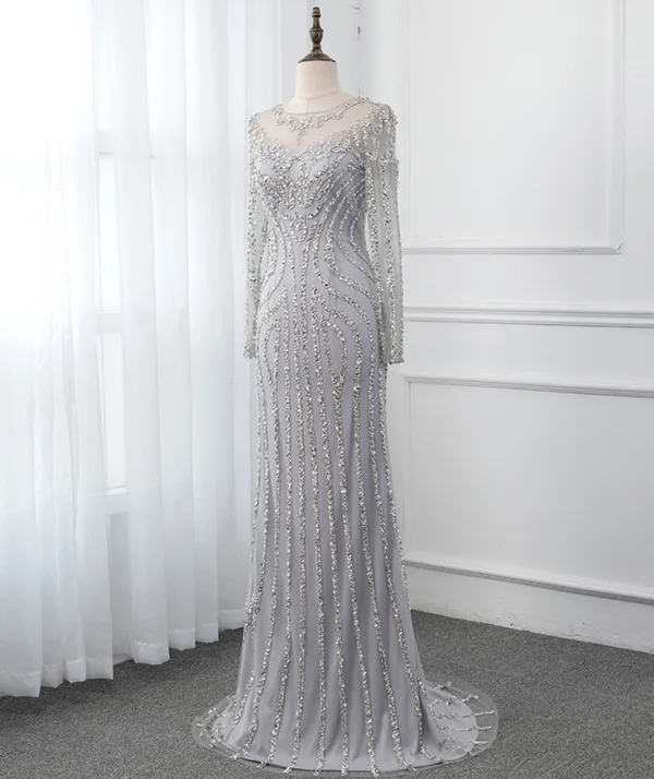 Haut de Gamme Gris Transparentes Robe De Soirée 2019 Trompette / Sirène Encolure Dégagée Manches Longues Paillettes Perlage Train De Balayage Robe De Ceremonie