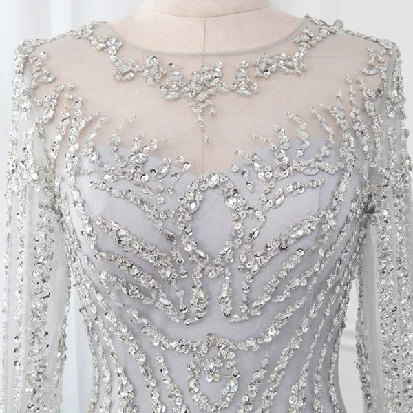 Haut de Gamme Gris Transparentes Robe De Soirée 2019 Trompette / Sirène Encolure Dégagée Manches Longues Paillettes Perlage Train De Balayage Robe De Ceremonie