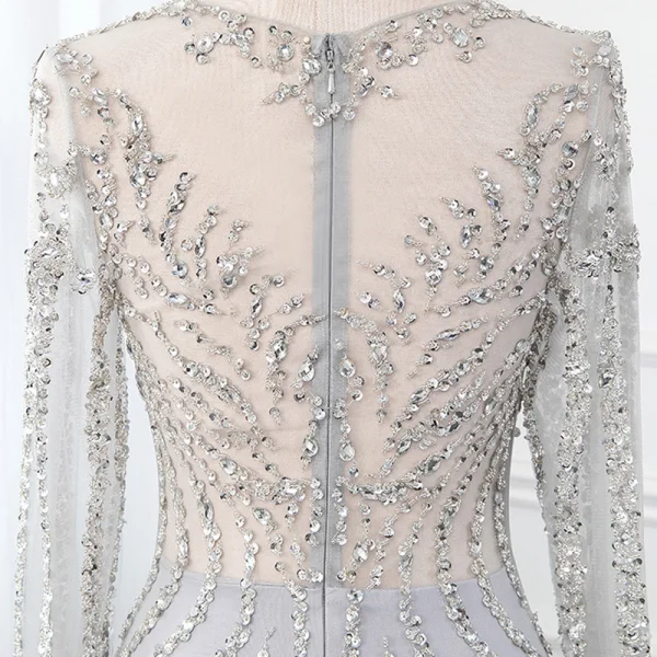 Haut de Gamme Gris Transparentes Robe De Soirée 2019 Trompette / Sirène Encolure Dégagée Manches Longues Paillettes Perlage Train De Balayage Robe De Ceremonie