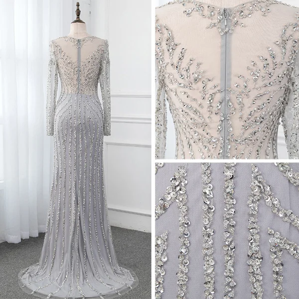Haut de Gamme Gris Transparentes Robe De Soirée 2019 Trompette / Sirène Encolure Dégagée Manches Longues Paillettes Perlage Train De Balayage Robe De Ceremonie