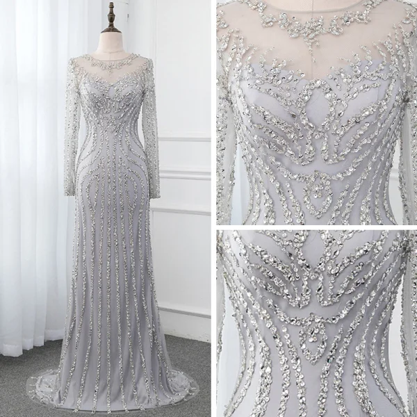 Haut de Gamme Gris Transparentes Robe De Soirée 2019 Trompette / Sirène Encolure Dégagée Manches Longues Paillettes Perlage Train De Balayage Robe De Ceremonie