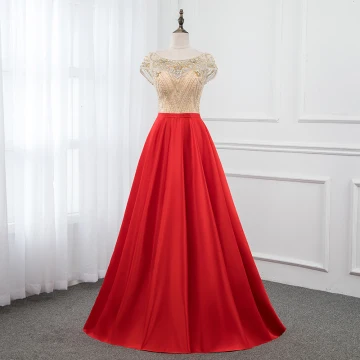 Luxe Rouge Satin Transparentes Robe De Soirée 2019 Princesse Encolure Dégagée Mancherons Perlage Longue Volants Dos Nu Robe De Ceremonie