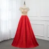 Luxury / Gorgeous Red Satin See-through Evening Dresses  2019 A-Line / Princess Scoop Neck Cap Sleeves Beading Floor-Length / Long Ruffle Backless Formal Dresses