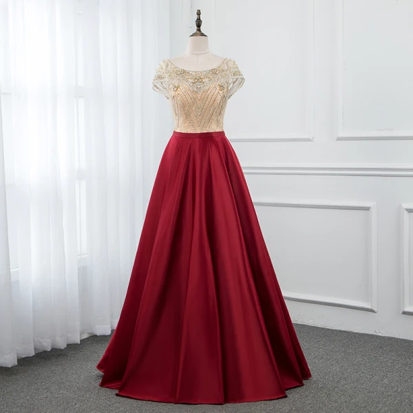 Luxury / Gorgeous Red Satin See-through Evening Dresses 2019 A-Line / Princess Scoop Neck Cap Sleeves Beading Floor-Length / Long Ruffle Backless Formal Dresses