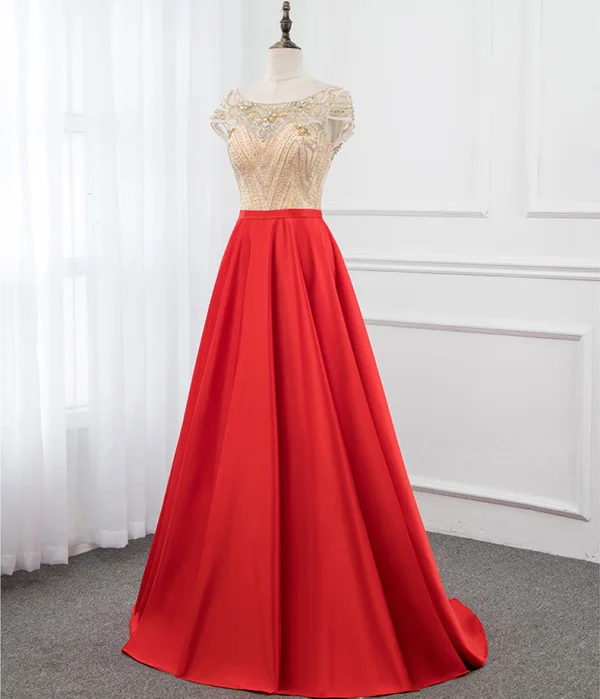 Luxury / Gorgeous Red Satin See-through Evening Dresses 2019 A-Line / Princess Scoop Neck Cap Sleeves Beading Floor-Length / Long Ruffle Backless Formal Dresses