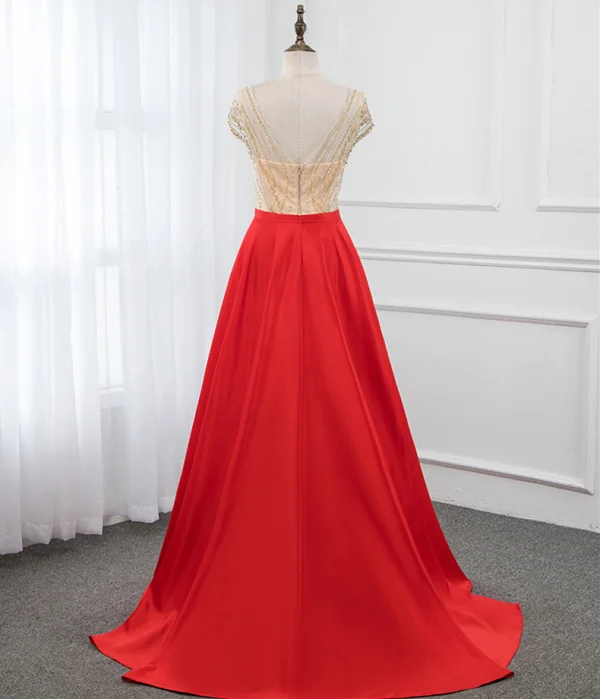 Luxury / Gorgeous Red Satin See-through Evening Dresses 2019 A-Line / Princess Scoop Neck Cap Sleeves Beading Floor-Length / Long Ruffle Backless Formal Dresses
