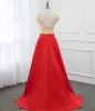 Luxury / Gorgeous Red Satin See-through Evening Dresses  2019 A-Line / Princess Scoop Neck Cap Sleeves Beading Floor-Length / Long Ruffle Backless Formal Dresses