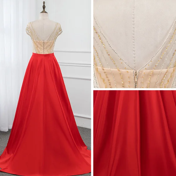 Luxury / Gorgeous Red Satin See-through Evening Dresses 2019 A-Line / Princess Scoop Neck Cap Sleeves Beading Floor-Length / Long Ruffle Backless Formal Dresses
