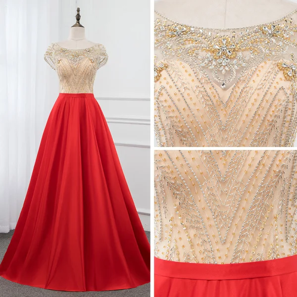 Luxury / Gorgeous Red Satin See-through Evening Dresses 2019 A-Line / Princess Scoop Neck Cap Sleeves Beading Floor-Length / Long Ruffle Backless Formal Dresses